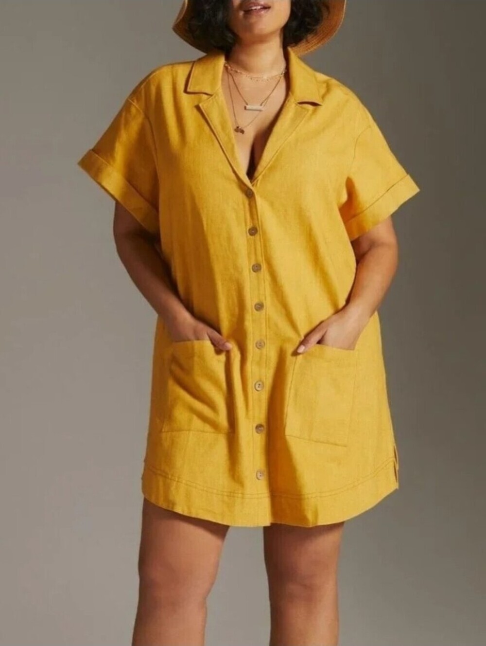 Pilcro Anthropologie NWT Button Down Shirt Dress Gold Pocket Shortsleeve XSmall